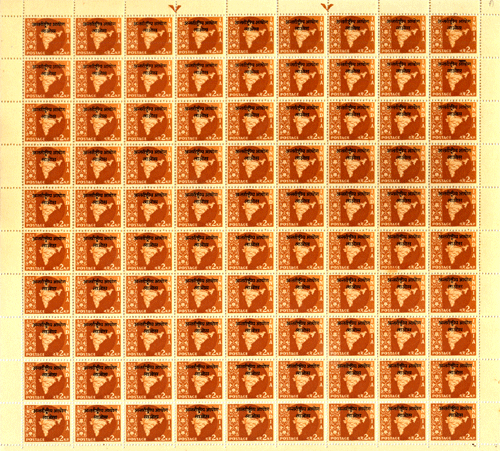 India, 2 N.P. Map Series , Ashoka Water Mark, Overprint LAOS ( Indo - China Series ), Sheet Of 90 Stamps