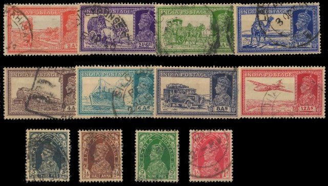 INDIA 1936-40, Transport Series, 3 Pies to 12 As, King George VI, Various Modes of Mail Transport in Use in India, Set of 12 Stamps-S.G. 247-258-Used