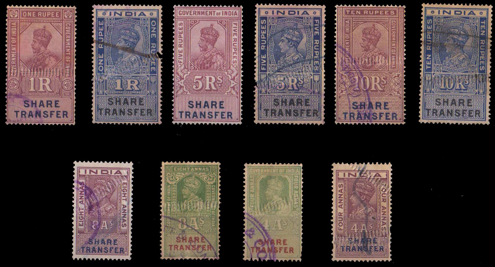INDIA PRE INDEPENDENCE, K.G. V & K.G. VI-Share Transfer 10 Different Used Stamps-Revenue-Fiscal-Good Condition as per Scan