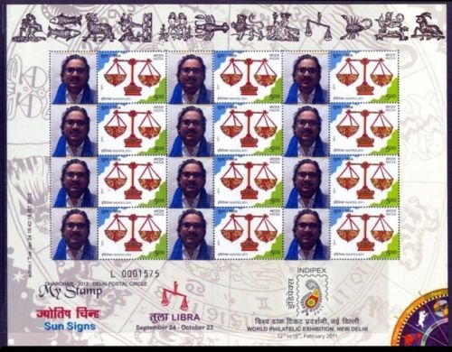 India 2011-MY STAMP-Sun Sign LIBRA-Sheetlet of 12-Astrological Sign-Issued during Philatelic Exhibition-DHAROHAR-2012, Delhi Postal Circle