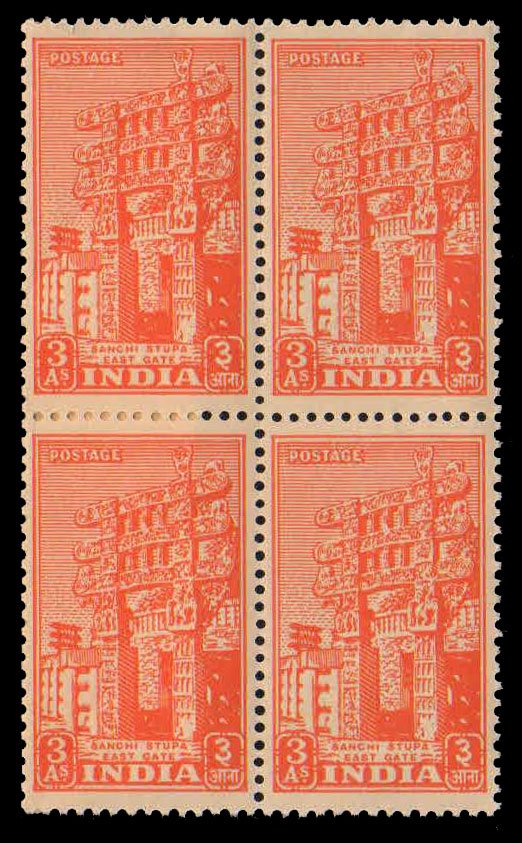INDIA 1949, East Gate of Sanchi Stupa,Archaeological, S.G.No 314, 3As, Brown Orange, Block of 4, MNH