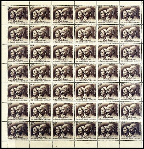 02.10.1969, Gandhiji and his wife, 20P., Sheet of 42 stamps, S.G. 595