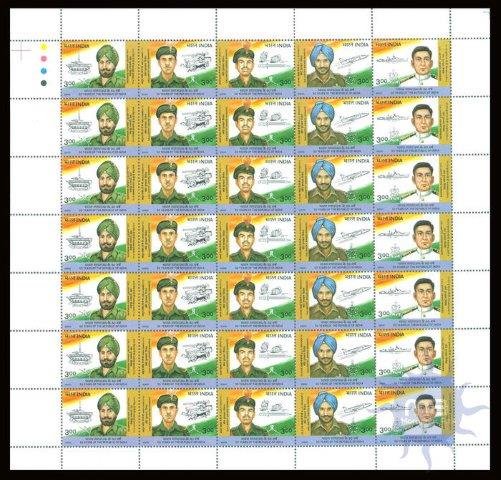 28.01.2000, Gallantry Award Winners ,Se-Tenant Strip Of 5, 3 Rs. Sheet Of 35 Stamps
