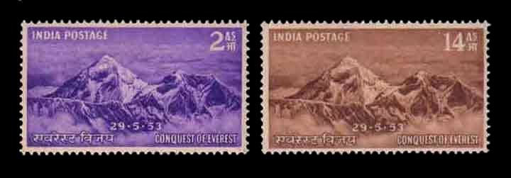 INDIA 1953 - Mount Everest, Set of 2 Stamps, Mint Hinged, S.G. 344-45, Phila No. 308-309