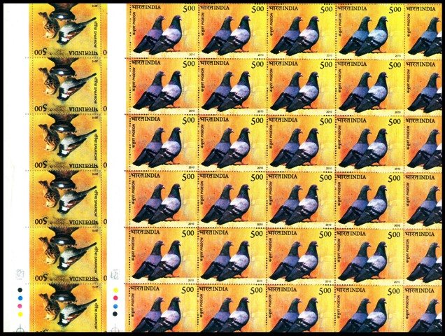 INDIA 9-7-2010, Birds of India, Pigeon & Sparrow, Set of 2 Sheets (30 x 2), Total 60 Stamps, Phial Cat. Price Rs. 2400/-