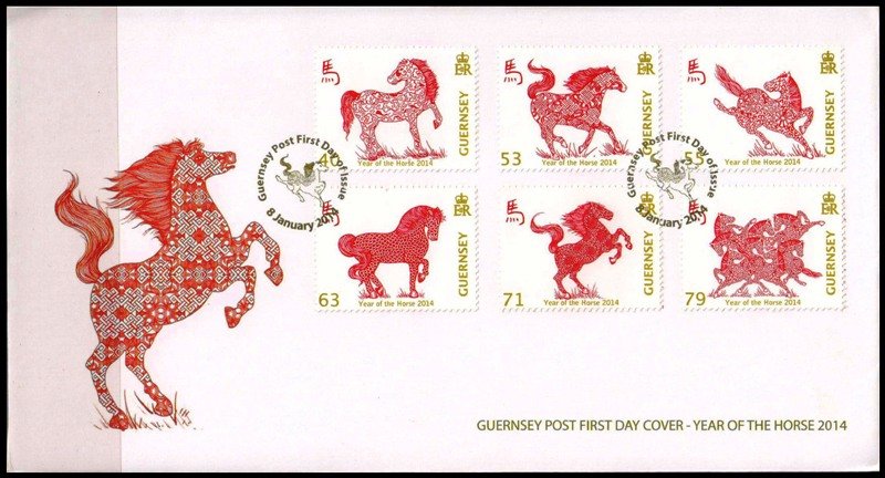 GUERNSEY 2014-F.D.C, Set of 6-Year of the Horse-Chinese New Year-Post First Day Cover with Special Cancellation-Luner New year-Face £ 4-61