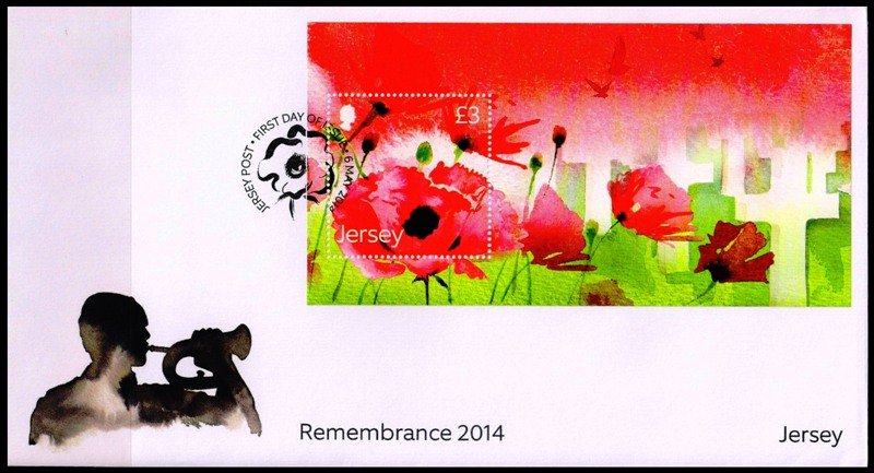 JERSEY 2014-F.D.C-Remembrance 2014-Water colour Painting of Field Poppies-Miniature Sheet on official First Day Cover with Special Postmark, Face Value � 4-15