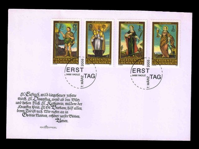 LIECHTENSTEIN 2005-FDC-Saints-Christian-Set of 4 Stamps-Official First Day Cover-Cat £ 14- S.G. 1367-1370