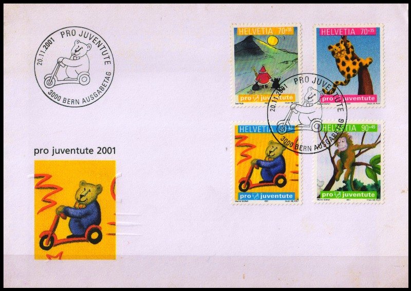 SWITZERLAND 2001-Charity Stamps F.D.C-Set of 4-Illustration from Children's Books-official First Day Cover with Postmark-S.G. J 357-J 360
