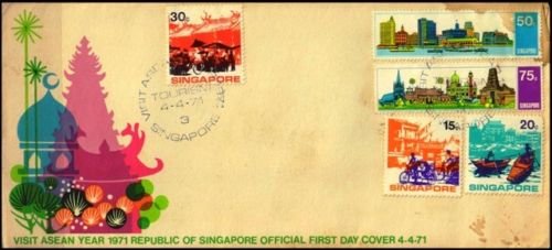 SINGAPORE 1971-F.D.C, Set of 5-Religious Building-Tourism-ASEAN Year-Bicycle-House Boat-official First Day Cover-Condition as per scan-S.G. 150-154