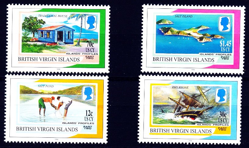 British Virgin Islands 1998, Island Profiles, Salt Island Steamer, House, S.G. 1003-1006, Set of 4, MNH