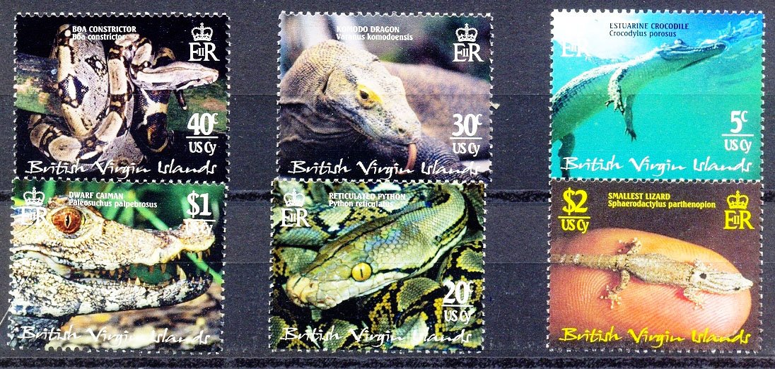 British Virgin Islands 2002, Reptile, Crocodile, Dragon, Python, Snake, S.G. 1089-1094, Set of 6, MNH