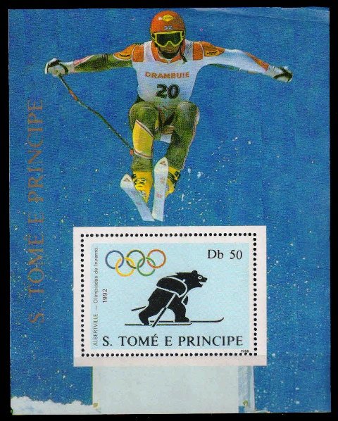 St. Thomas & Prince Islands 1988-Bear on Skis-Barcelona Olympic Souvenir Sheet-MNH-Scott No. 844
