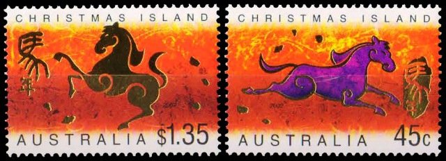 CHRISTMAS ISLAND 2002-Chinese New Year of the Horse-Set of 2-Gold Painting-S.G. 504-505