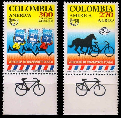 COLOMBIA 1994, Horse, Bicycle Postal Transport, SG-2017-18, 2V, Cat. ₤ 4.00