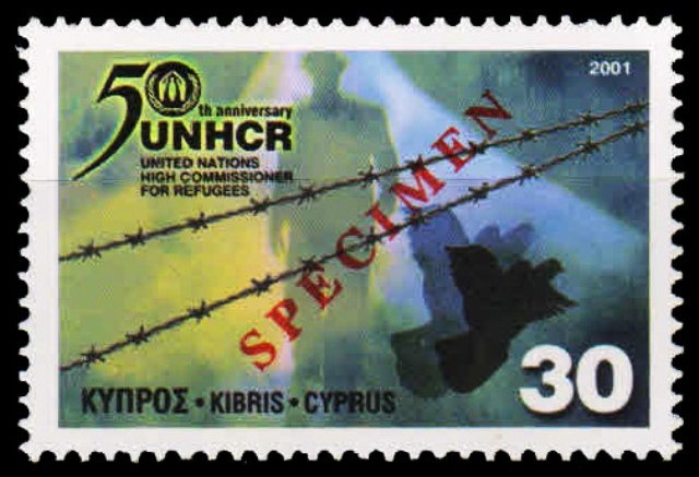CYPRUS 2001, 50th Anniv. of United Nations High Commissioner for Refugees Barbed wire & Dove, S.G. 1013, 1 Value Overprint SPECIMEN-MNH