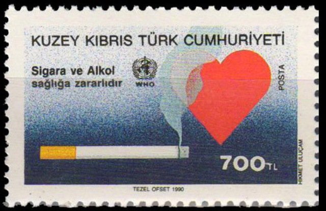 Turkish Cypriot Posts 1990 - World Health Day, Smoking Cigarette and Heart, 1 Value, MNH, S.G. 274, Cat £ 2-50