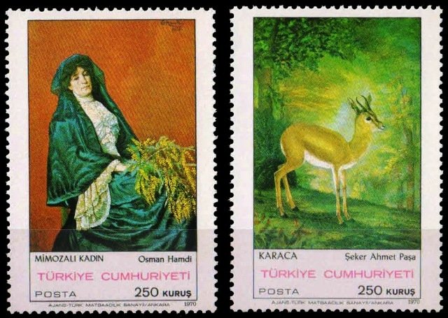 TURKEY 1970-Paintings-Roe Deer-Lady with Mimosa-Set of 2-MNH-S.G. 2331-32