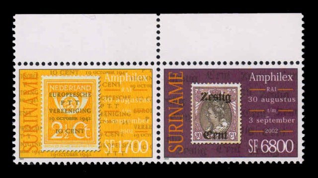 SURINAME 2002 - International Stamp Exhibition, Stamp on Stamps, Set of 2 Stamps, MNH, S.G. 1955-1956, Cat. £ 14.00