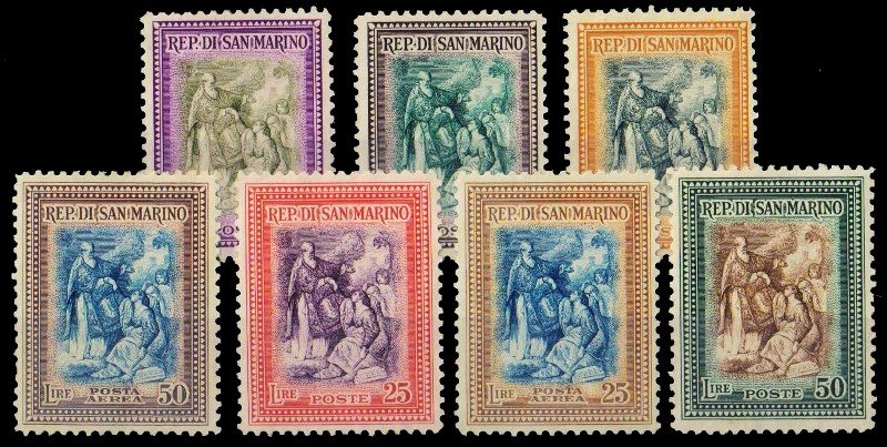 SANMARINO 1947-Reconstruction-St. Marinus-Set of 6-Mint Gum Wash-S.G. 340-346, Cat � 60-