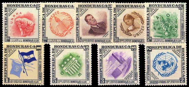 HONDURAS 1953 - United Nations, Set of 9, MNH, S.G. 523-531,  Cat. � 50