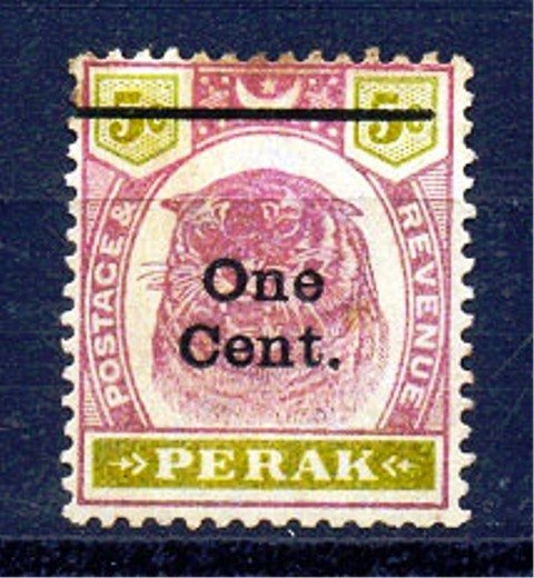 Perak 1900, Surcharged one Cent on 5 Cent, Tiger, S.G. 83, 1 Value, Mint Gum Wash, Cat £ 3-
