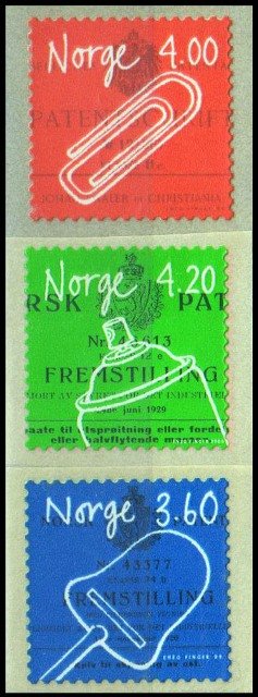 NORWAY 1999-Norwegian inventions, Cheese Slicer, Paper Clip & Aerosol can, Set of 3, MNH, Self Adhesive, S.G. 1330-1332