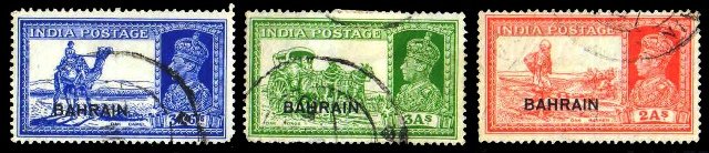 BAHRAIN 1938-Stamps of India-K.G. VI Ovpt.-3 Different-Cat £ 37-S.G. 24, 26, 27