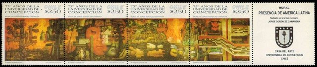 CHILE 1994-75th Anniv. of Concepcion University, Education, Painting-Strip of 4+1 Label, MNH-S.G. 1563-1566