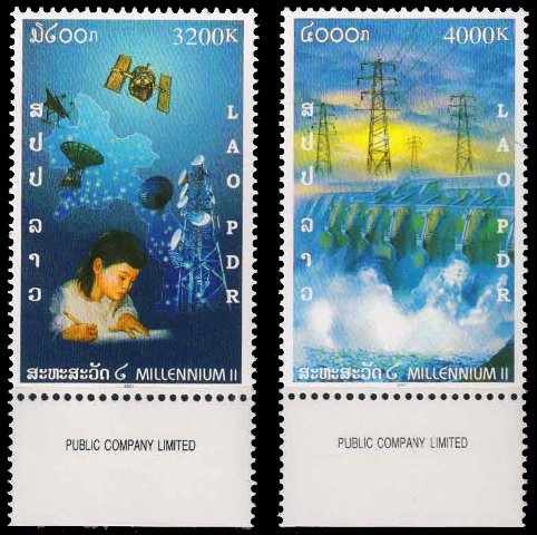LAOS 2001-Millennium, Satellite and Child, Electricity Pylon & Dam, Set of 2, MNH-S.G. 1718-19, Cat £ 4-60-