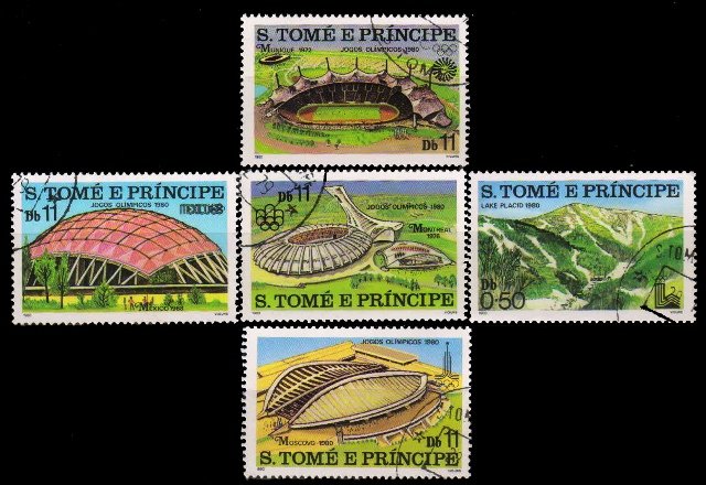 ST. THOMAS AND PRINCE ISLAND 1980-Olympic Games Venues-Mexico-Munich-Montreal-Used-Set of 5-Scott No. 567-571