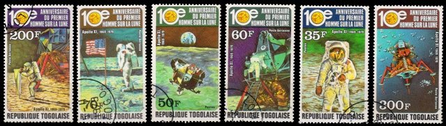 TOGO 1979-10th Anniv. of 1st Moon Landing Astronauts, Flag, Moon, Set of 6, Used, S.G. 1393-1398