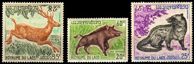 LAOS 1971, Wild Animals- Boar, Civet, Sambar, Set of 3, Mint Stamps-S.G. 300, 331, 334, Cat £ 5-25