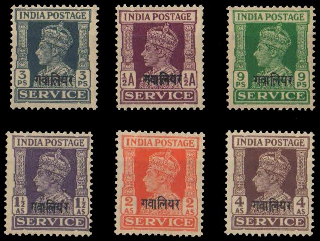 GWALIOR STATE - 6 Different, Mint Stamps, King George VI Official Stamps