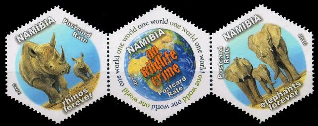 NAMIBIA Odd Shaped Stamps-Strip of 3, Elephant, Rhinos, Map, Mint Only