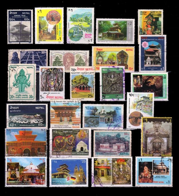 Hindu Mythology God & Goddess Temple of Nepal-25 All Different Used Stamps-Hanuman, Mahadev & Devi Kali etc