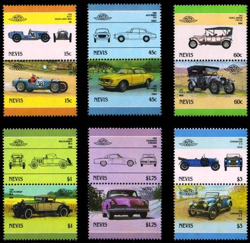 NEVIS 1986, Automobiles, Cars-Set of 12, MNH, 6 Pairs, Face $ 14- S.G. 411-422