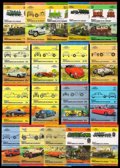 BEQUIA-Grenadines of St. Vincent-Railway, Locomotives, Cars, Automobile-36 Different Stamps-MNH-Face $ 33-