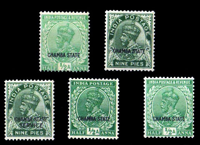 CHAMBA STATE-5 Different King George V stamps-Mint Never Hinged Before 1935 Issues--Cat £ 11-00 India Convention State