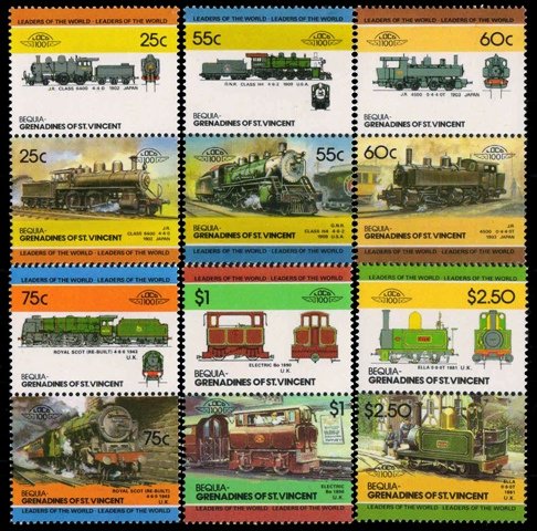 BEQUIA, Grenadines of St. Vincent - Railway Locomotives, 12 Different Mint Stamps, MNH