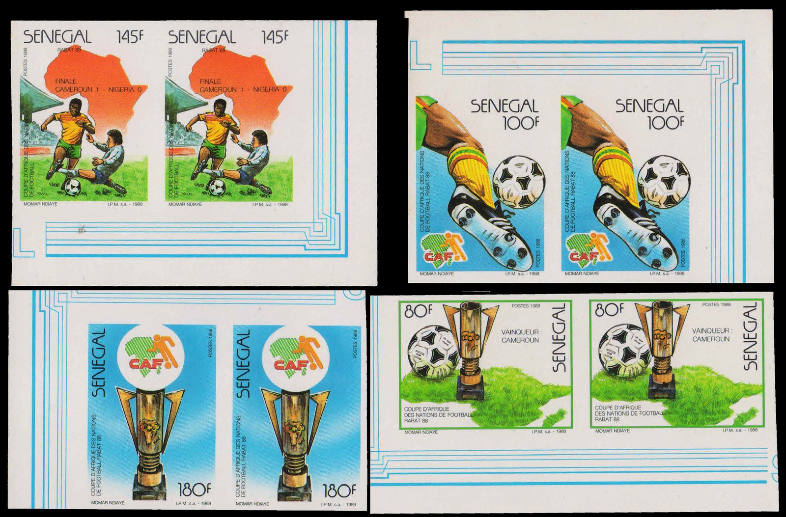 Senegal 1988, Africa Cup Football set of 4 Imperf Pair, MNH S.G. 946-949, Imperf Pairs with margin, Scare