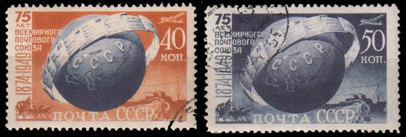 RUSSIA 1949-75th Anniv. of U.P.U. -Used Set of 2-Globe & Letters, S.G. 1523 &1524