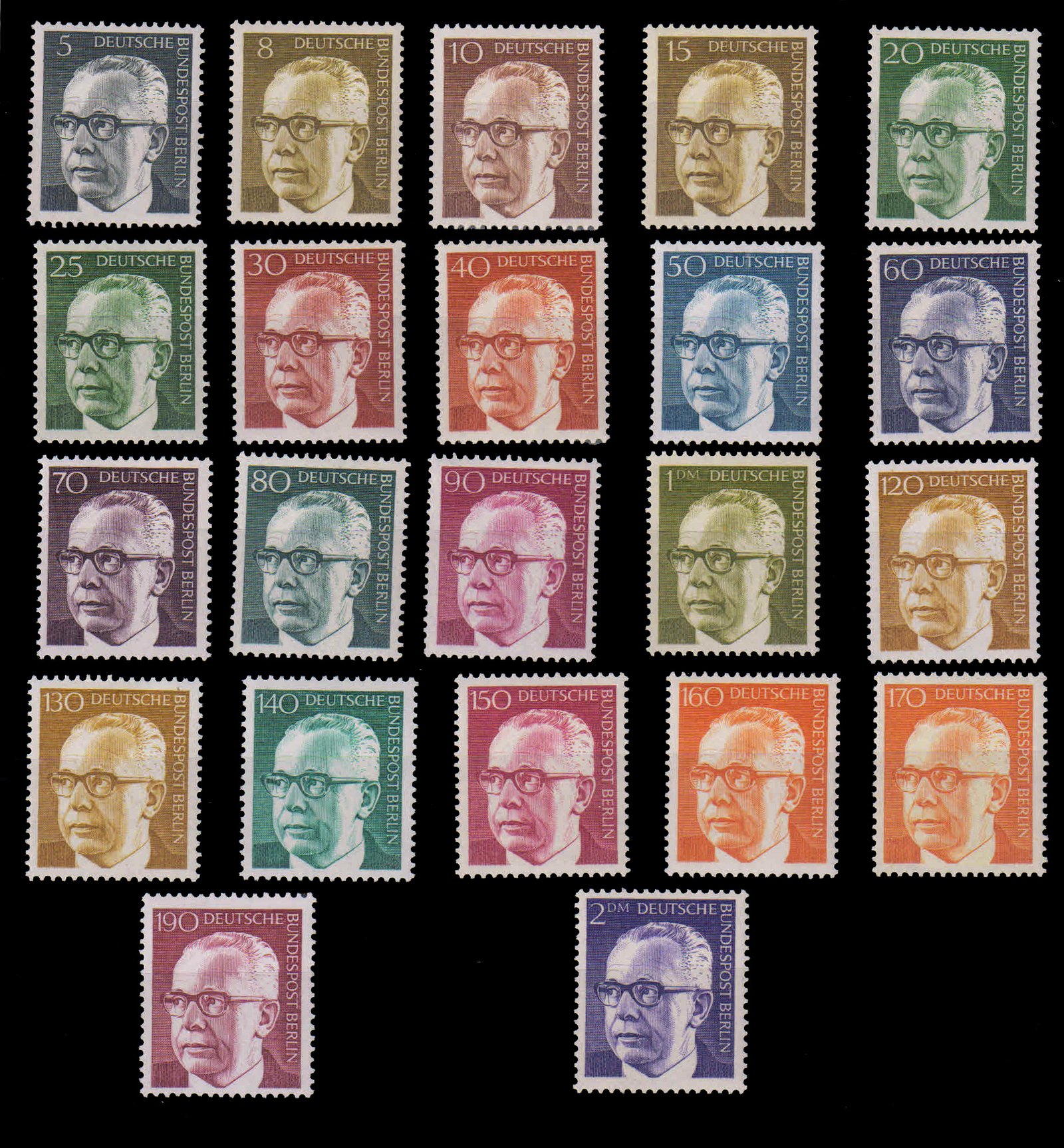 WEST BERLIN, Germany 1970-President Heinemann, Definitive Series,  22 Different, Mint Never Hinged, S.G. B 350-B 372