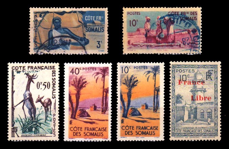 French Somali Coast - 6 Different Old Mint Stamps-Animal, Tree, Mosque etc.