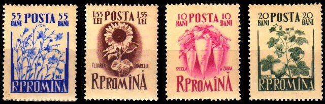 ROMANIA 1955, Sugar, Linseed, Sunflower, Cotton, Agriculture, Set of 4 Stamps, MNH, S.G. 2405-2408-Cat £ 10.75-
