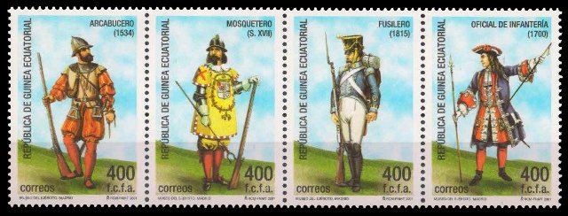 Equatorial Guinea 2001-Military Uniforms,Head Wear, Weapons, Strip of 4, MNH-S.G. 307-310-Cat � 12-