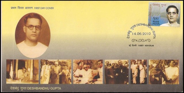 14-06-2010-Deshbandhu Gupta-Freedom Fighter, J.L. Nehru, First Day Cover & Information Sheet