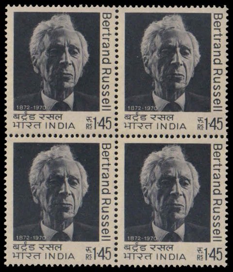 INDIA 1972-Re. 1.45, Bertrand Russell, Block of 4, MNH