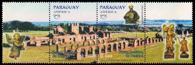 PARAGUAY 2001-America, Caltural Heritage, Jesuit Mission Ruins, Statue, Se-tenant Pair, S.G. 1637-1638-Cat � 4.25-