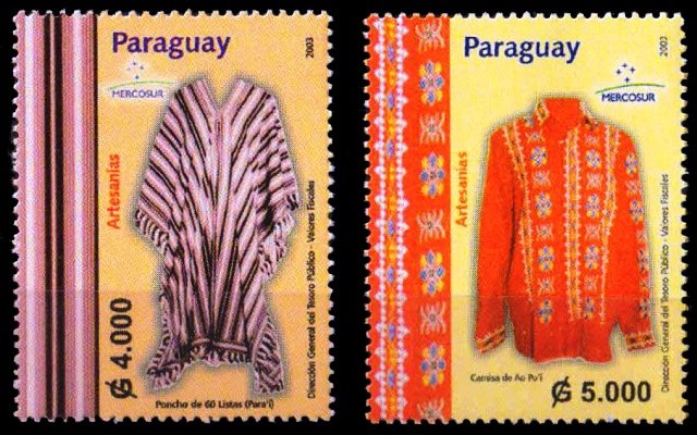 PARAGUAY 2003-Mercosur, Crafts, Poncho & Shirt, Set of 2, MNH, Cat £ 13-S.G. 1689-1690